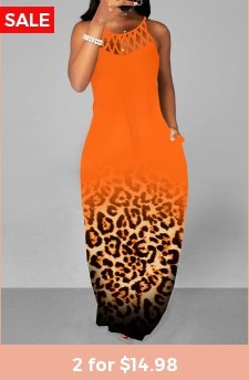 Leopard Cage Neck Orange A Line Maxi Dress