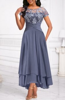 Lace Dusty Blue Short Sleeve Round Neck Maxi Dress