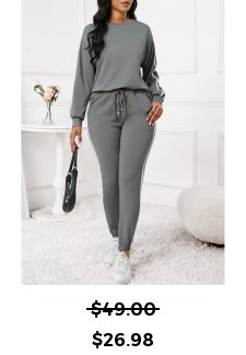 Striped Dark Grey Regular Round Neck Sweatshirt and Pants