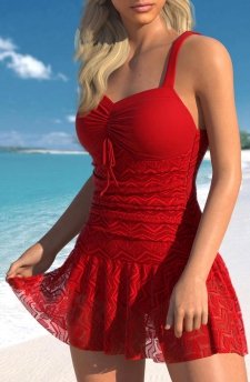 Ruched Lace Red One Piece Swimwear