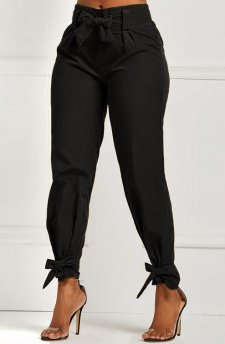 Belted Black Elastic Mid Waisted Pants