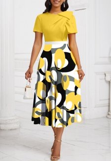 Geometric Print Patchwork Yellow Short Sleeve Round Neck Dress