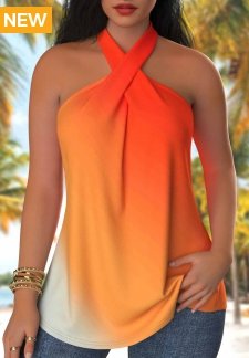 Ombre Criss Cross Orange Sleeveless Shirt Collar Tank Top