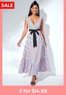 Belted V Back Strip Print Swing Dress