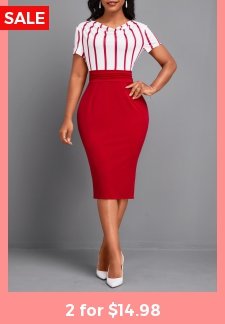 Striped Bowknot Red Short Sleeve Draped Neck Bodycon Dress