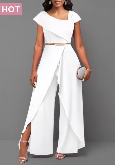 Split White Long Asymmetrical Neck Short Sleeve Jumpsuit