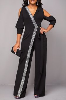 Metal Ring Black Cold Shoulder V Neck Jumpsuit