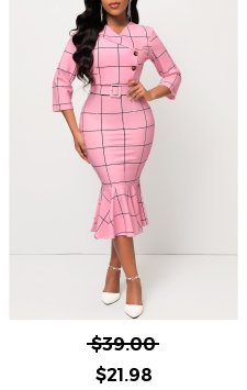 Pink Belted Plaid Button Mermaid Dress