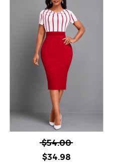 Striped Bowknot Red Short Sleeve Draped Neck Bodycon Dress