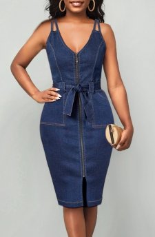 Zipper Belted V Neck Denim Bodycon Dress