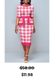 Pink Plaid Round Neck Bodycon Dress