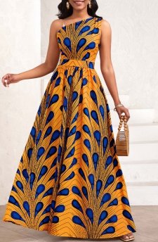 Feathers Print Asymmetry Orange Sleeveless One Shoulder Maxi Dress