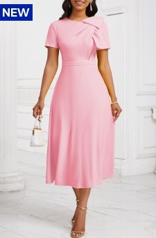 Zipper Light Pink Short Sleeve Asymmetrical Neck Dress