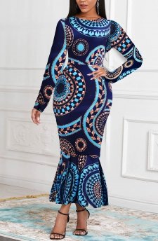 Tribal Print Mermaid Navy Long Sleeve Bodycon Dress