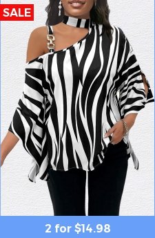 Zebra Stripe Print Asymmetry Black T Shirt