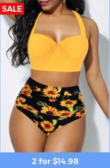 High Waist Cutout Back Halter Sunflower Print Bikini Set