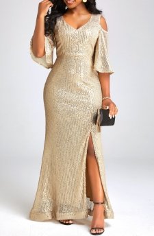 Sequin Golden V Neck Maxi Dress
