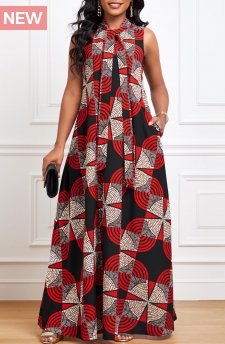 Geometric Print Ribbon Red A Line Sleeveless Dress