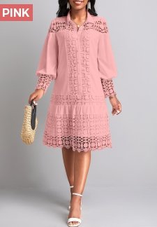 Lace Light Pink Long Sleeve Shirt Collar Shift Dress
