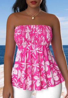 Floral Print Smocked Hot Pink Sleeveless Bandeau Tank Top