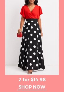 Polka Dot Patchwork Black V Neck Maxi Dress