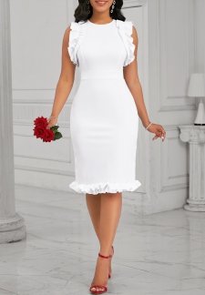 Frill White Sleeveless Round Neck Bodycon Dress