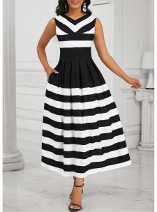 Striped Pocket Black Sleeveless V Neck Maxi Dress