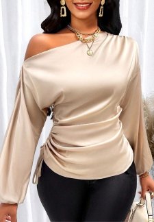 Asymmetry Champagne 3/4 Sleeve Asymmetrical Neck Blouse