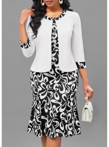 Graffiti Print Two Piece White Dress and Cardigan