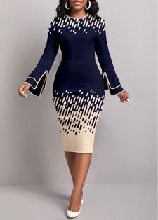 Geometric Print Contrast Binding Navy Long Sleeve Dress