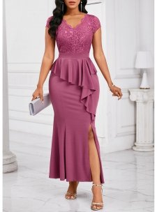 Mermaid Dark Reddish Purple Short Sleeve Maxi Bodycon Dress