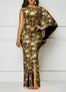 Floral Print Hot Stamping Golden Side Slit Dress