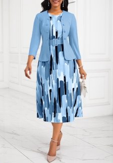 Two Piece Belted Light Blue Round Neck Dress and Cardigan