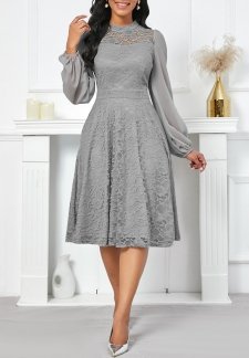 Lace Grey Long Sleeve Stand Collar Dress