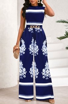 Tribal Print Chain Navy Long Stand Collar Sleeveless Jumpsuit