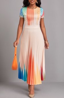 Ombre Pleated Beige Round Neck Maxi Dress