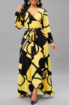 Geometric Print Cross Hem Light Yellow High Low Dress