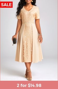 Champagne Patchwork V Neck Short Sleeve Dress