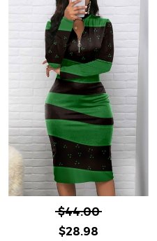 Geometric Print Zipper Green Long Sleeve Bodycon Dress