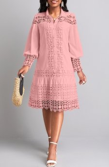 Lace Light Pink Long Sleeve Shirt Collar Shift Dress