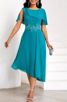 Asymmetry Turquoise Short Sleeve Round Neck Dress