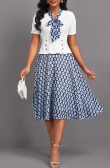 Tribal Print Patchwork White Short Sleeve Tie Collar Dress