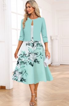 Floral Print Two Piece Light Blue Dress and Cardigan