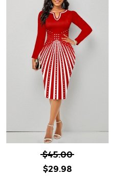 Geometric Print Split Red Long Sleeve Bodycon Dress