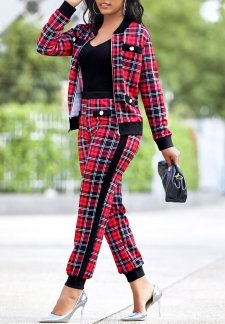 Plaid Red Long Sleeve Zipper Sweatsuit Set