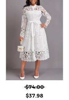 Lace Belted White Stand Collar Long Sleeve Dress