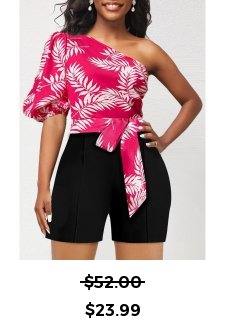 Plants Print Hot Pink Belted Bowknot Romper