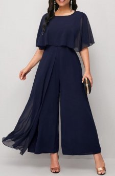 Navy Ankle Length Round Neck Asymmetry Jumpsuit