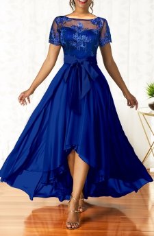 Belted Sapphire Blue Lace Patchwork Maxi Dress