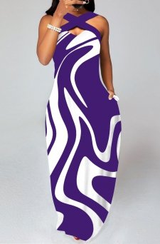 Geometric Print Criss Cross Purple Maxi Dress